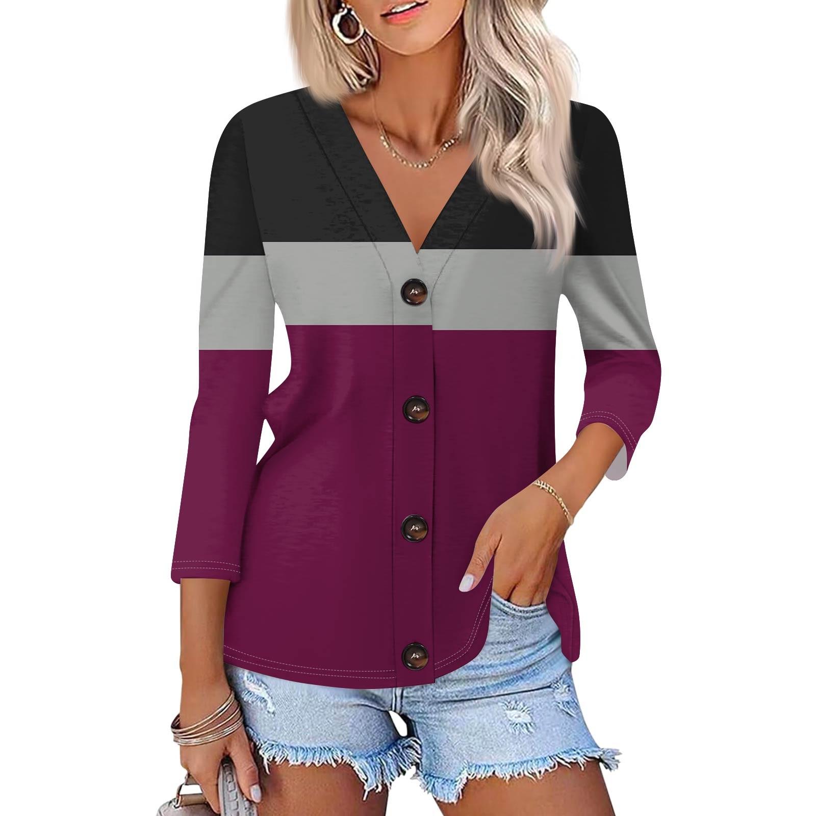 

Женская модная повседневная рубашка на пуговицах с геометрическим принтом в полоску, топ-кардиган с рукавом три четверти XL фиолетовый