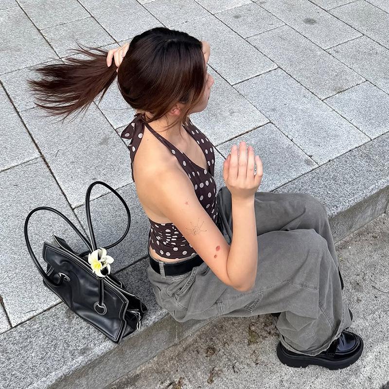 Halter V-Ausschnitt Weste Damen Y2K Schnürung Rückenfrei Polka Dot Print Skinny Sommer Mode Täglich Straße Basic Tanktops