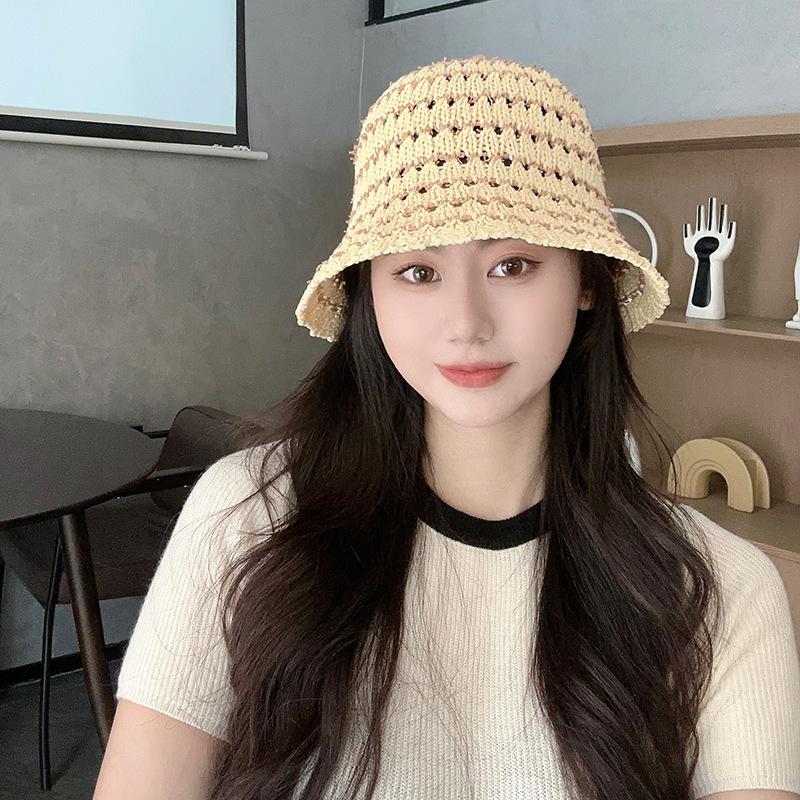 Women's Summer Straw Fisherman Hat, Sunshade, Face-Slimming Bucket Hat, Korean Style, Countryside Style, Lace Hollow Design, Versatile Bucket Hat