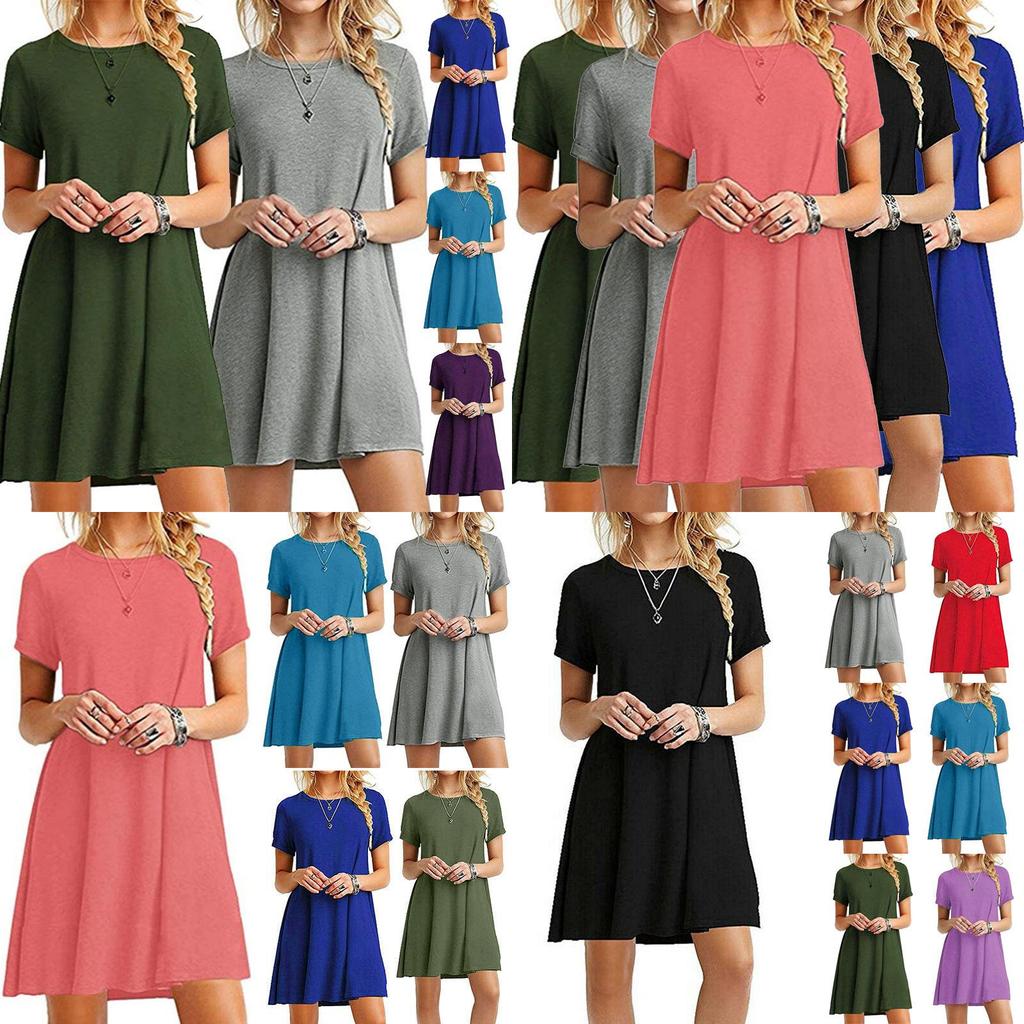 Stylish Women's Summer Tunic T-shirt Dress With Short Sleeves And Solid Colors