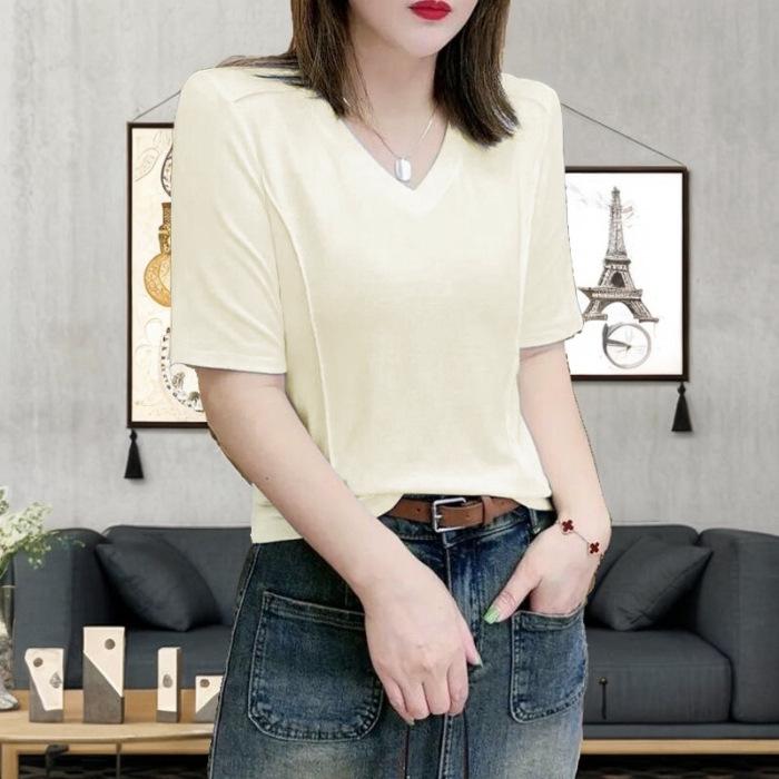 Women's European-Style Ribbed V-Neck Short-Sleeve Slim-Fit T-Shirt, Yellow-Green/Apricot