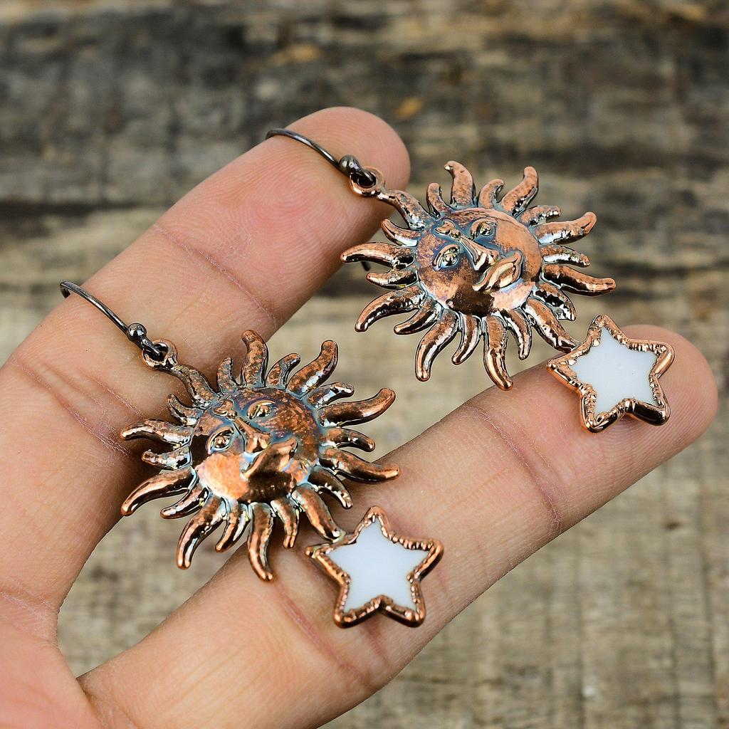 Mother Of Pearl Gemstone Earring Electroformed Copper Earrings Handmade Boho Jewelry Sun And Star Earring Electroformed Jewelry Gift For Mom