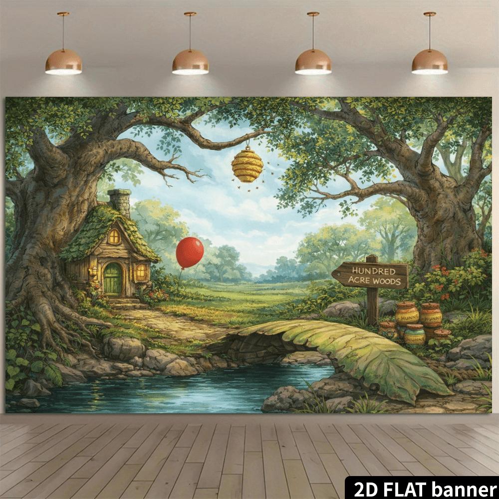 2D plane 100-acre forest treehouse honey jar themed background fabric, fairy tale scene, interior and exterior decoration