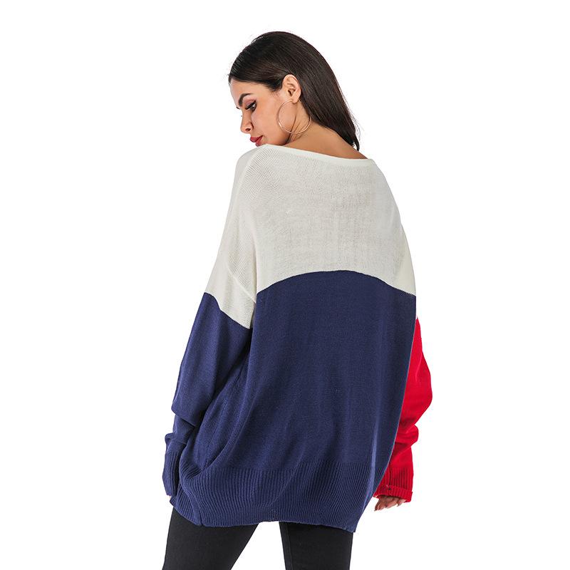 Women's V-Neck Sweater, Color-Block, Loose Fit