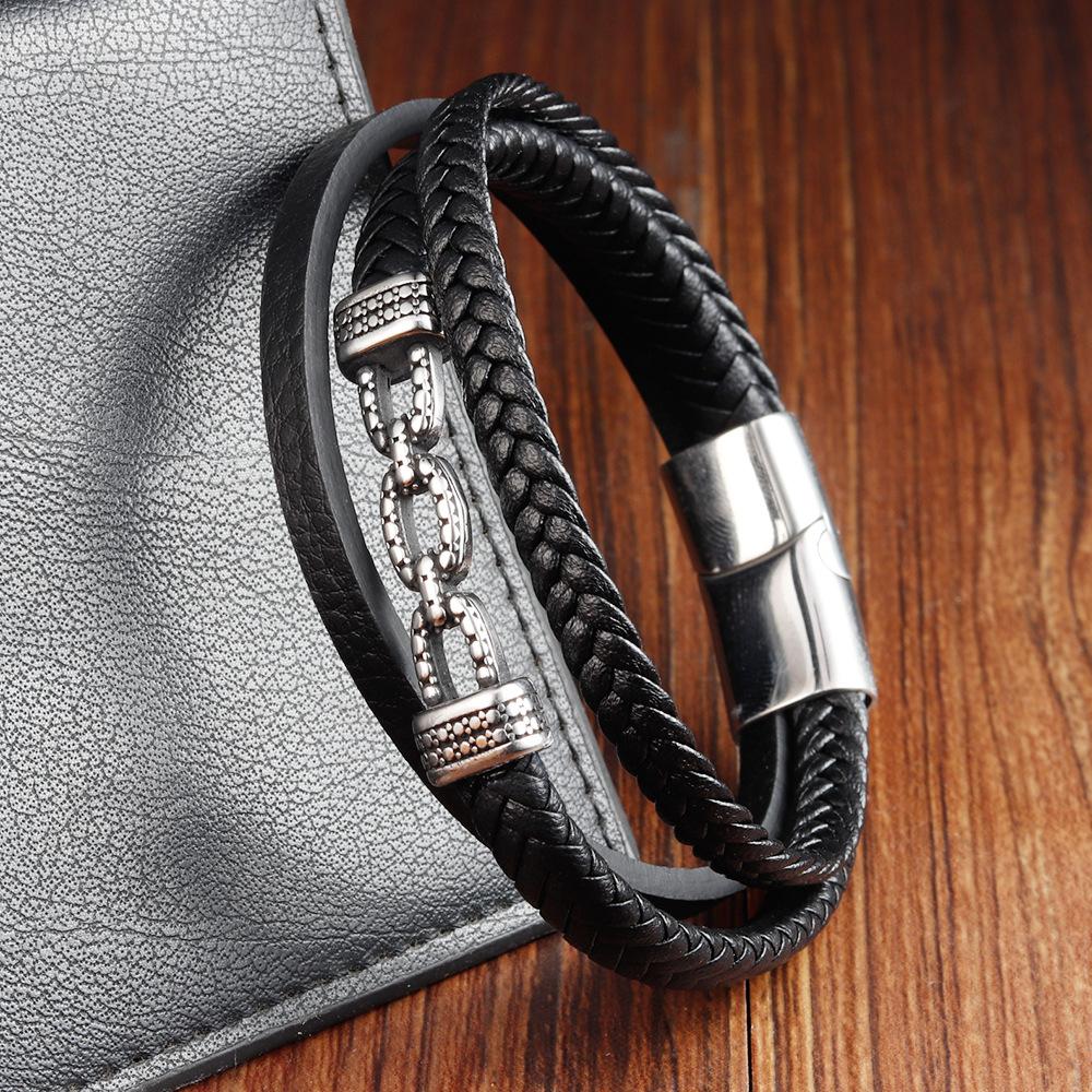

JYL TS Bracelet Men s Black Buckle Leather Beaded Boosts Confidence & Luck 21CM multi-layer авокадо