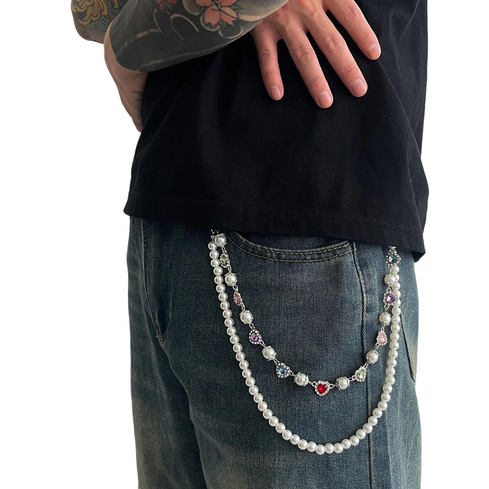 

Edgy Layered Rhinestones Flower Faux Pearls Metal Chain With Lobster Clasp Closure Punk Rock Style Unisex Belt Accessory For Jeans Pants