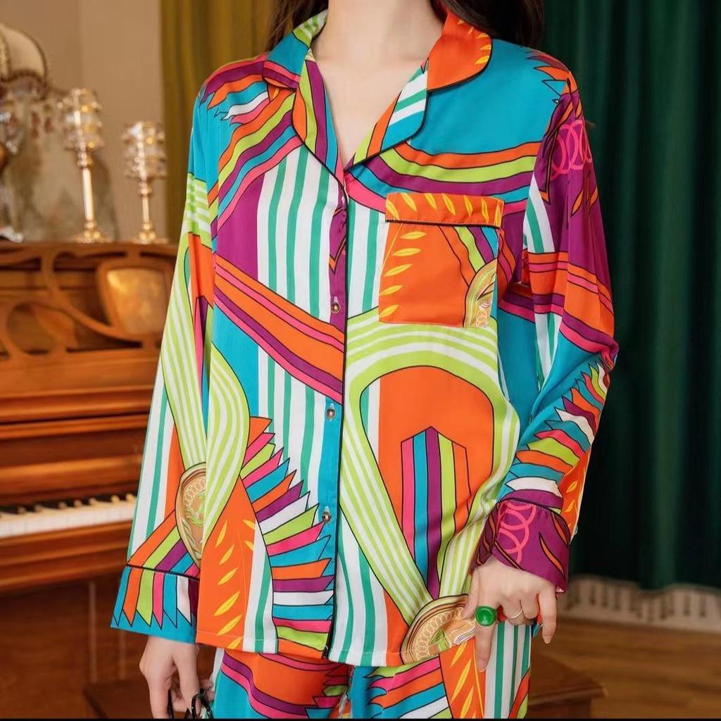 Shanghai Story Ice Silk Satin Pajama Set - Long Sleeve, Plus Size, Indoor/Outdoor Wear