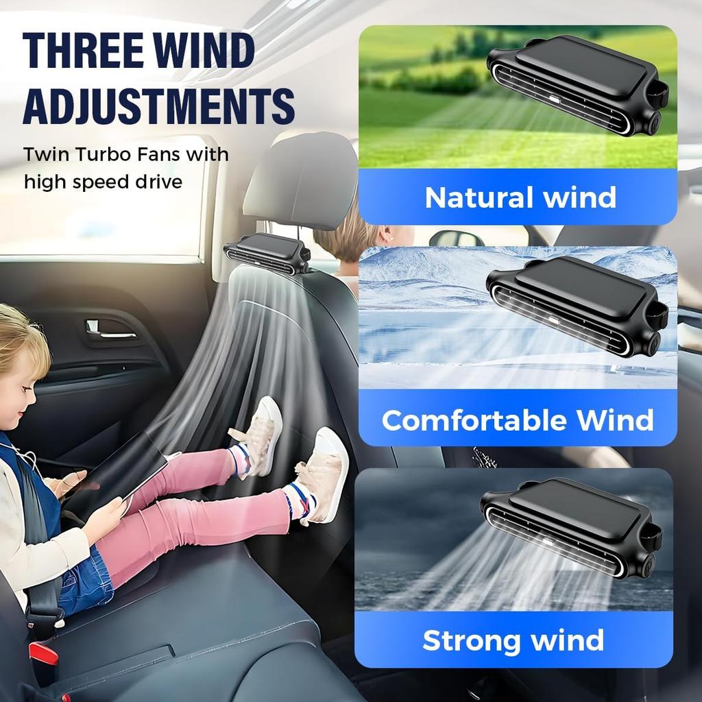 Car Fan for Driver and Passenger's Seat, Car Seat Fan USB Plug-in Dual Turbo High Wind Power Car Interior Rear Pillow Car Fans, 3 Speeds Car Fans