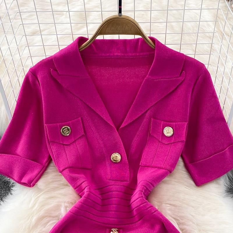 Women's Summer Knit Polo Collar Dress with Metal Buckle & Pockets - White, High-Quality Designer