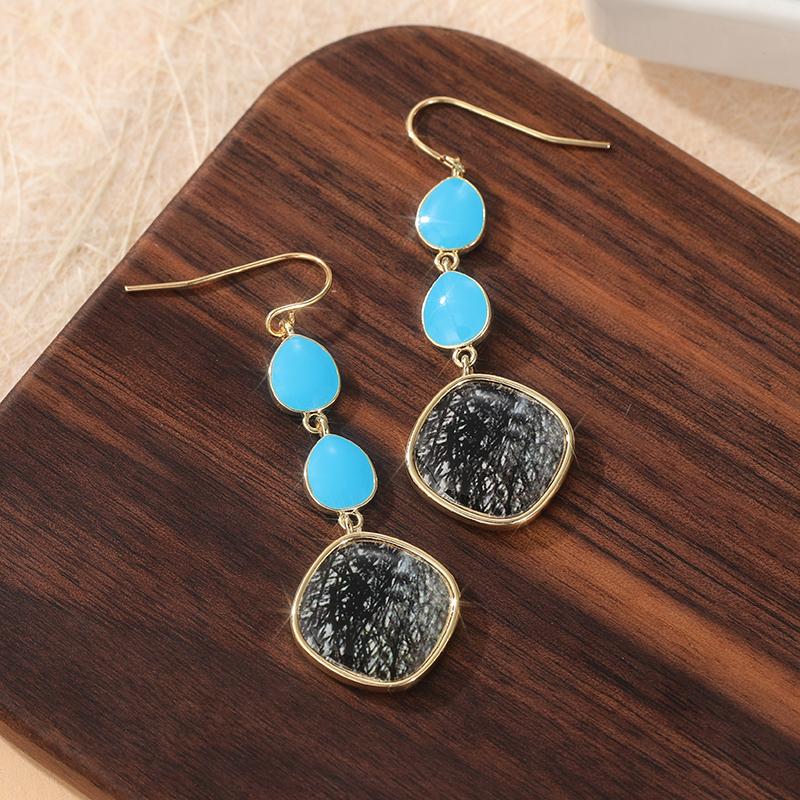 Bohemian Style Handmade Synthetic Turquoise Dangle Earrings for Women Vintage Copper Material Vacation Jewelry Accessories Gifts