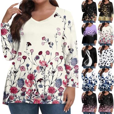 Womens Plus Size Tops Long Sleeve Shirts V Neck Casual Clothing Clothes Printed Tops
