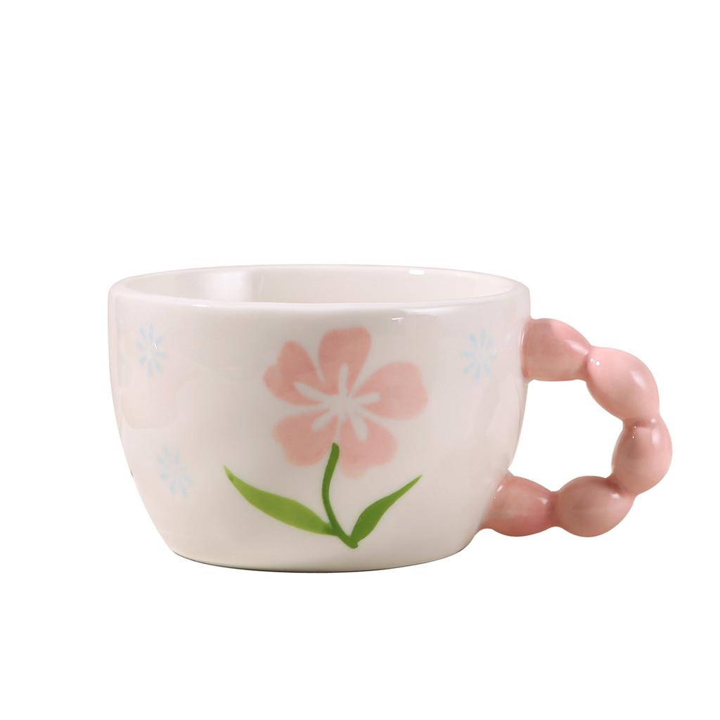 Kreative Frühstückstasse Handbemalte Blumen Keramiktasse mit Löffelset Müslischale Becher Ins-Stil