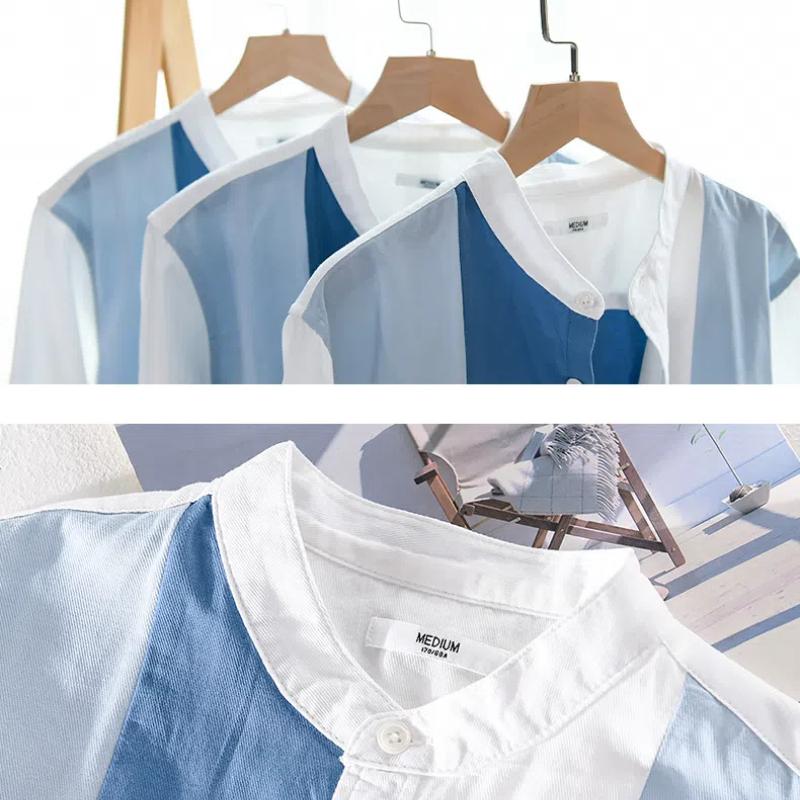 Korean Fashion Mens Summer Tops Pure Cotton Comfort Men's Casual Shirt Stand Collar Stripes Slim Fit Three Quarter Sleeve Button Shirt