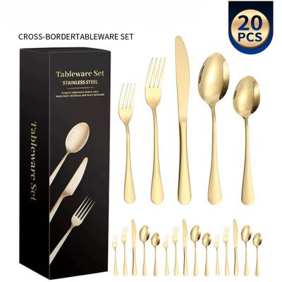 Stainless Steel 20-Piece Set Gift Set Gold Natural Steak Knife, Fork and Spoon