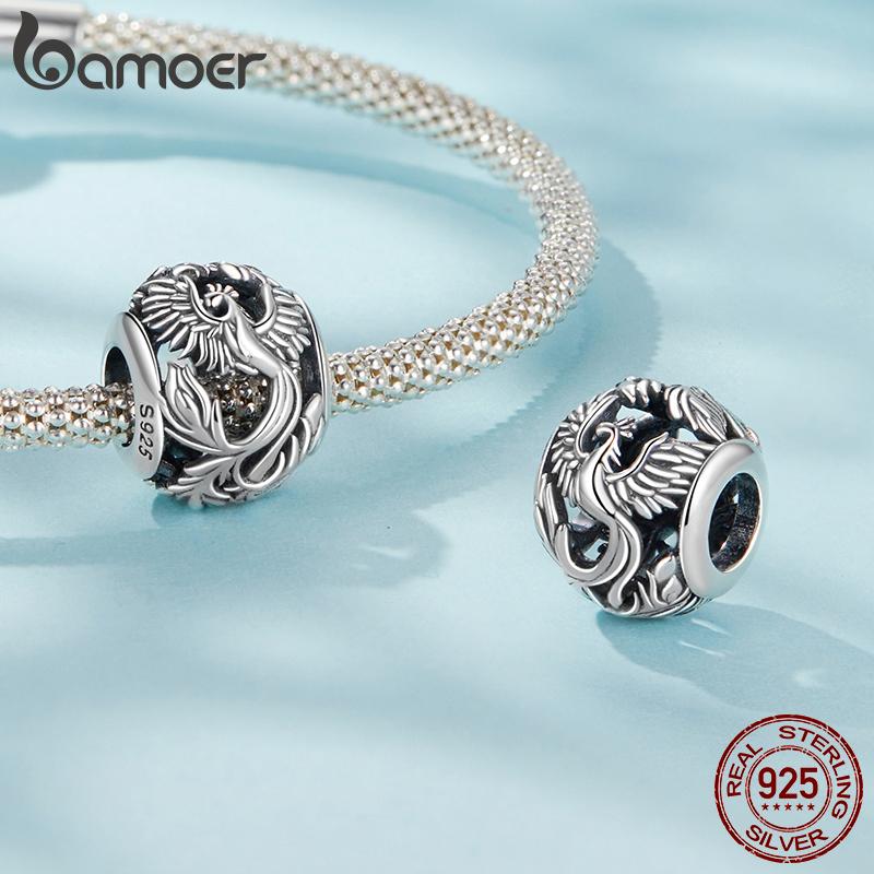 BAMOER 925 Silber Phönix Fliegender Drache Charm Passend für Armband, Retro Runde Hohlperlen DIY Schmuckzubehör
