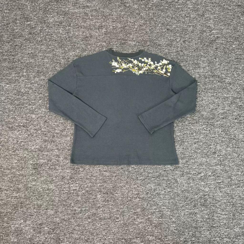 RogueWave Waffle Long Sleeve Embroidery Sakura T Shirt Men Women Casual Loose High Quality Breathe T-shirt Clothes