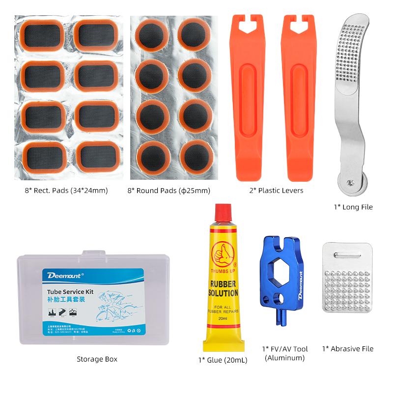 Portable Bicycle Tube Service Tool Kit Cold Repair Patches 20ml Quality Glue Schrader Presta Nozzle Key Abrasive File Tire Lever Tube Service Kit T2Z