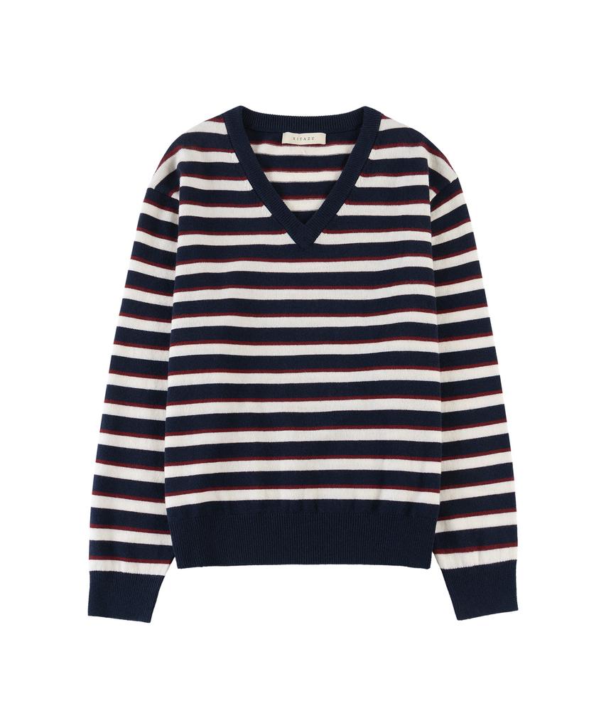 Siyajyu Sikn2174 Multi-Stripe V-Neck Knit_Navy