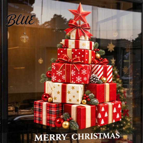 No Adhesive Christmas Stickers Stacked Gift Boxes Tree Window Cling Creative Static Sticker with Colorful Holiday Glass Decals Balls and Pine
