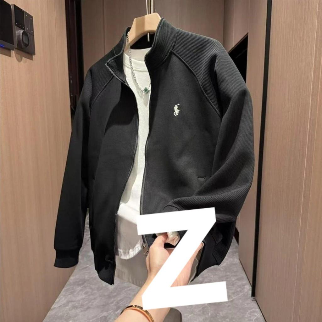 Men's Autumn Embroidered Textured Zipper Stand Collar Casual Cardigan Sweater