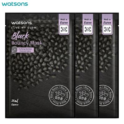 Love My Glow Black Bouncy Mask, Purify Bamboo Charcoal Fabric, Black Bean, 25 ml. x 3 Stück – Gesichtsmaske, Maskenblatt