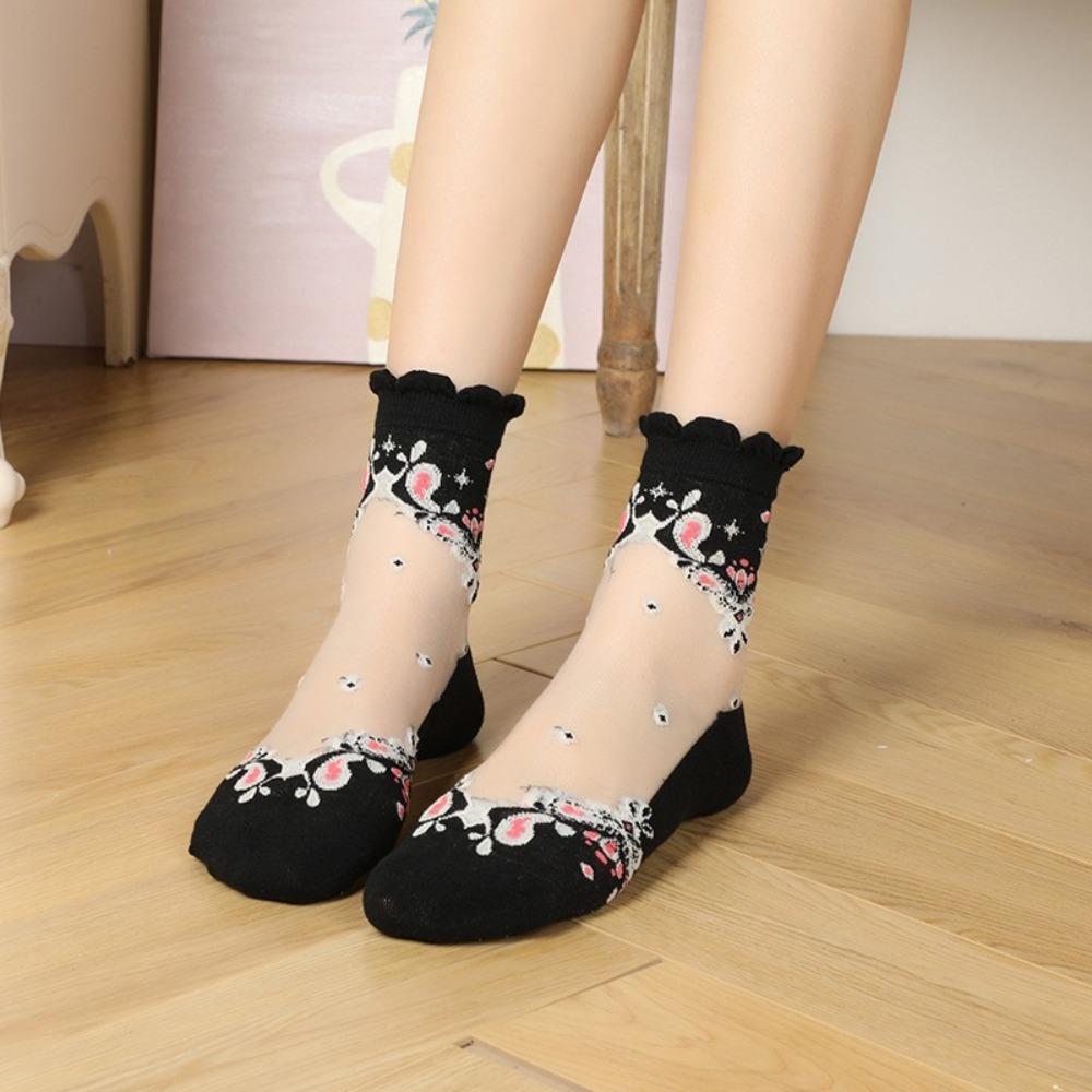5 Pairs Flower Embroidery Calf Socks Breathable Hosiery New Ankle Sock  Summer