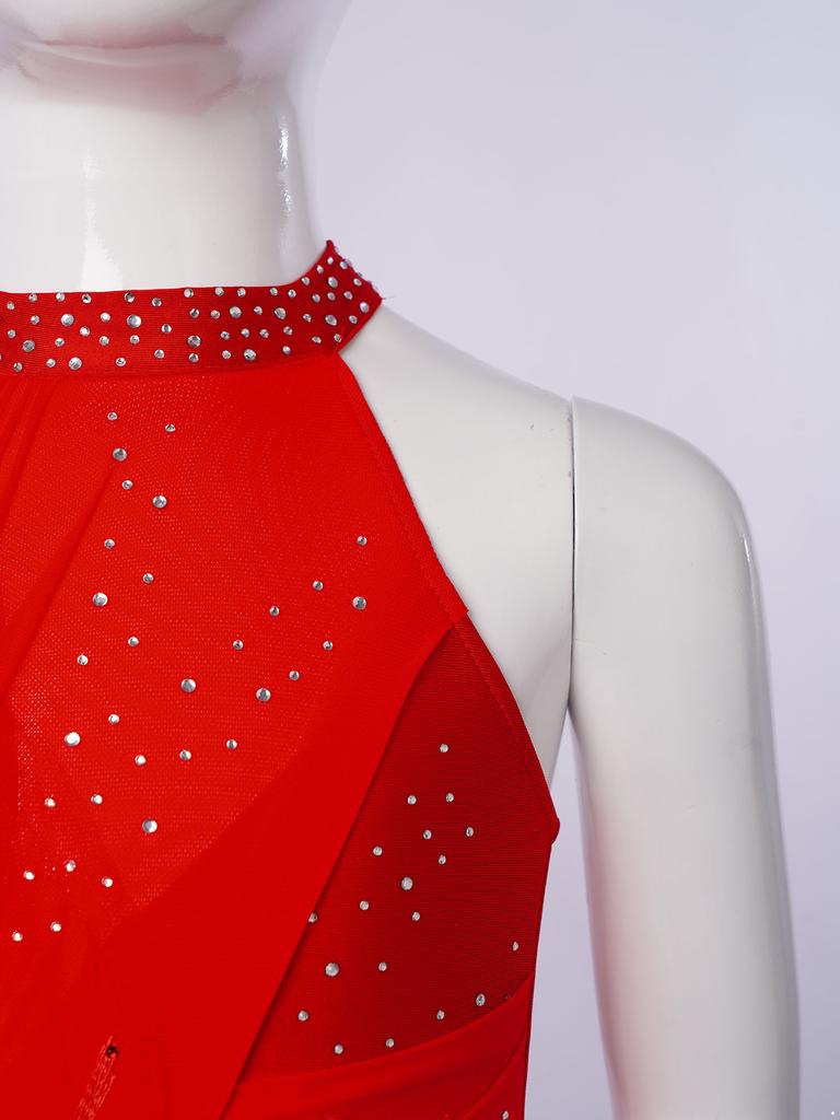 Dziewczęca Błyszcząca Sukienka Liryczna do Tańca Bez Rękawów z Nieregularnym Dołem i Błyszczącymi Cyrkoniami Strój do Tańca Baletowego