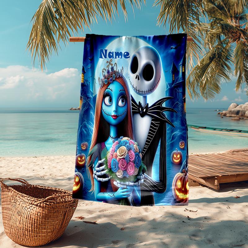 Custom Name Ultra-Soft Beach Towel with The Nightmare Before Christmas Theme,Ideal for Pool - Camping, Diving - Perfect Travel Essential, Vibrant Beac