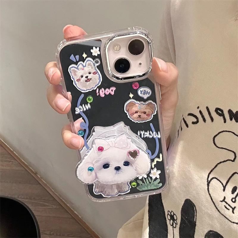 Cute mirror puppy bracket for iphone11Promax iPhone 11 mobile phone case 11/11/11 sticker drill girl