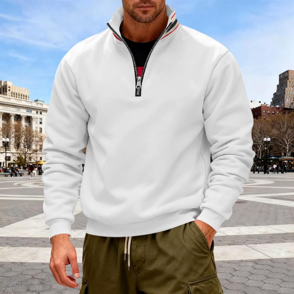 Men's Solid-color Casual Fleece Hoodie, Men's Loose Stand-up Collar Semi-zipper Casual Sport Pullover Hoodie