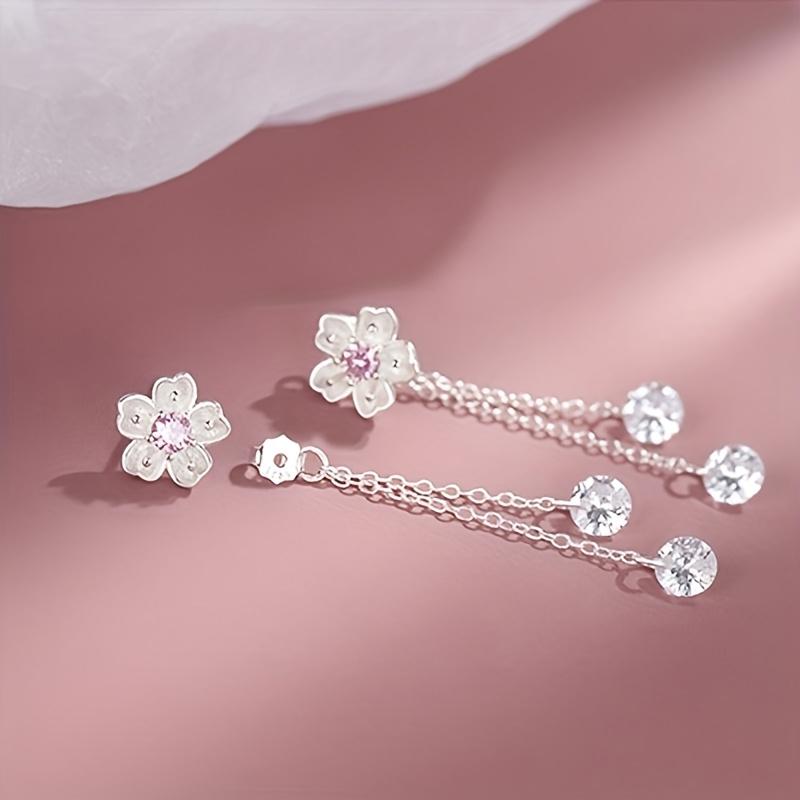 1Pair of Three-dimensional Flower Cherry Blossom Elegant Fashion Women's Earrings, Inlaid with Synthetic Zircon Pendant