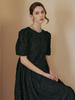 M Graph Flower Embroidery Shirred Puff Sleeve Long Dress