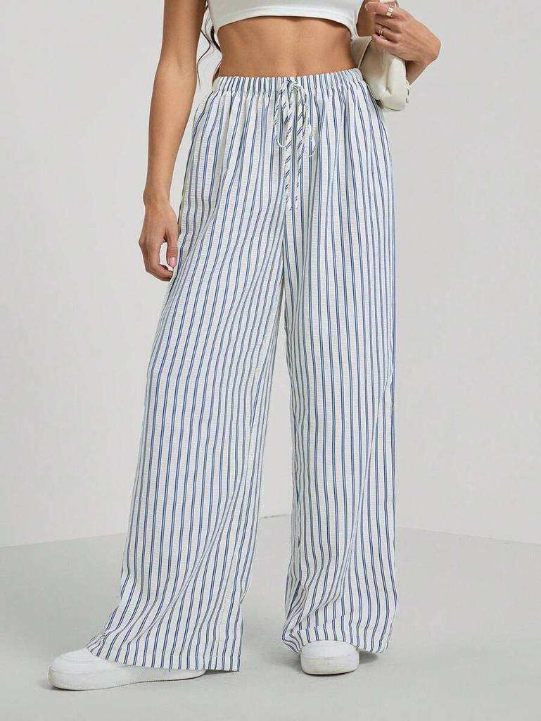 Women's Mid Rise Striped Wide Leg Pants Loose Fit Drawstring Elastic Waist Casual Trousers