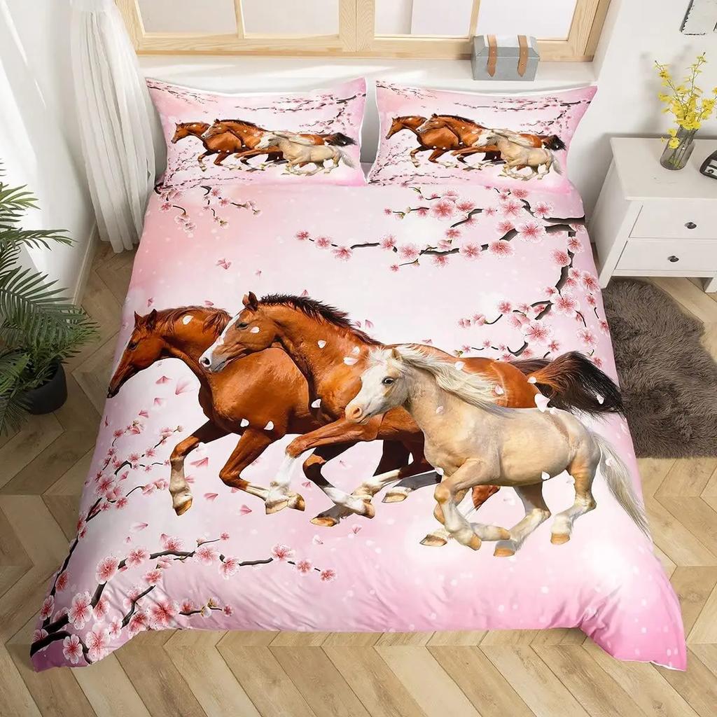 Pferde-Bettwäsche-Set für Mädchen Rustikales Bauernhofpferd Bettbezug Queen Rosa Kirschblüten-Deckenbezug Farbverlauf-Tagesdecke