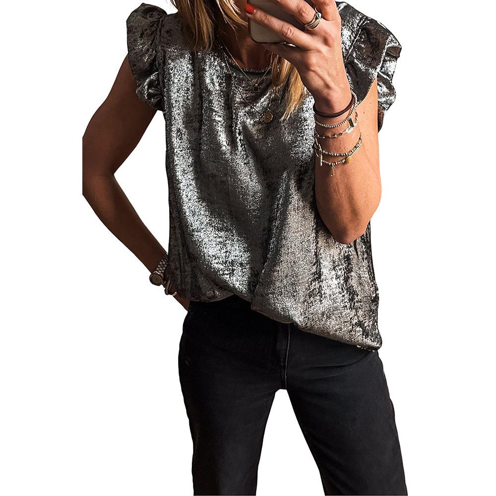 

Shi Ying Women s Ruffle Round Neck Gold Pattern Sleeveless Pullover Top Small серебряный