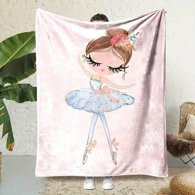 Ballerina Flannel Blanket Year of the Horse Soft Cozy Throw Cute Pink Blue Watercolor Design for Kids Bedroom Decor