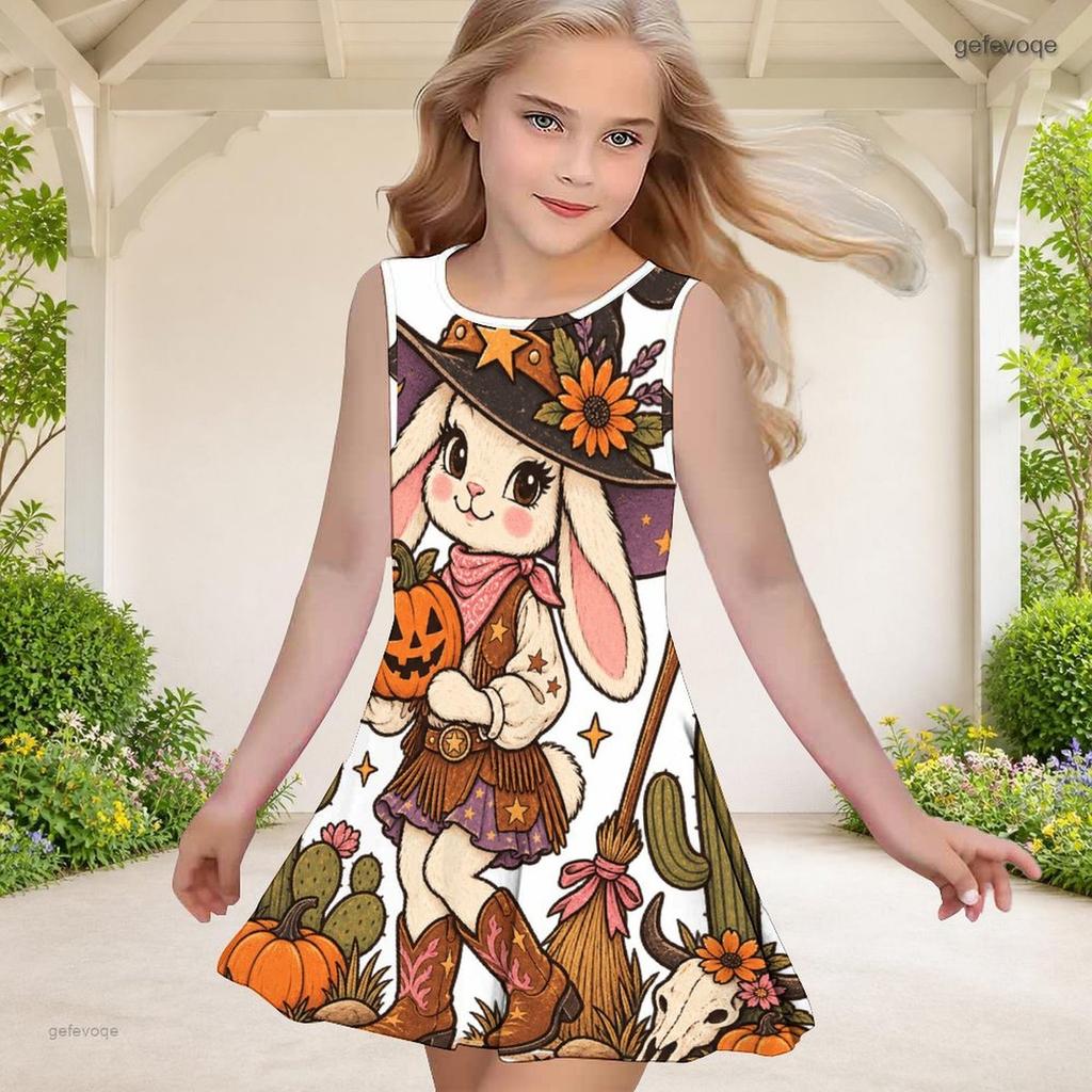 Little Girls Round Neck Sleeveless A Line Flared Dress Halloween Cartoon Lamb Printed