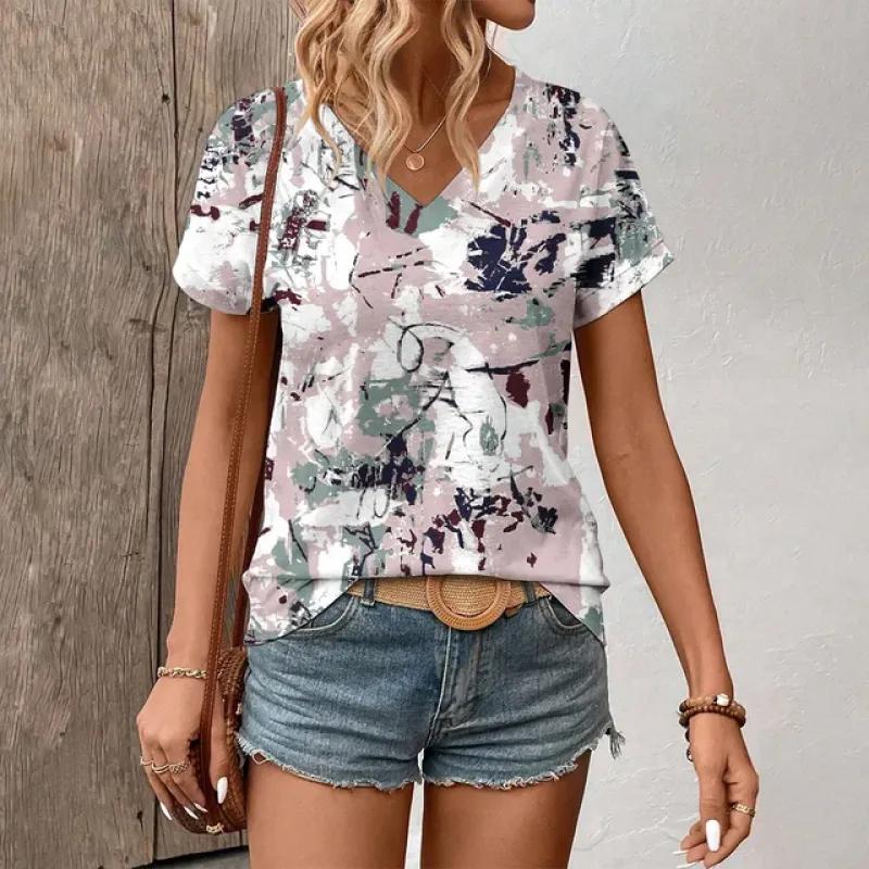 Dámské tričko Módní Retro Květinový Vzor Potisk Tričko Dámské Volnočasové Krátký Rukáv Tričko 2024 Léto Populární Tričko