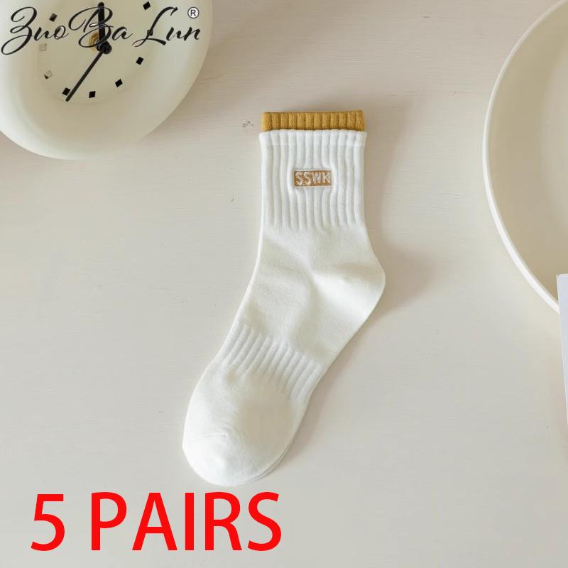 5 Pares Calcetines de Algodón para Mujer Tubo Medio Sin Costuras Transpirables Color Sólido Calcetín Casual