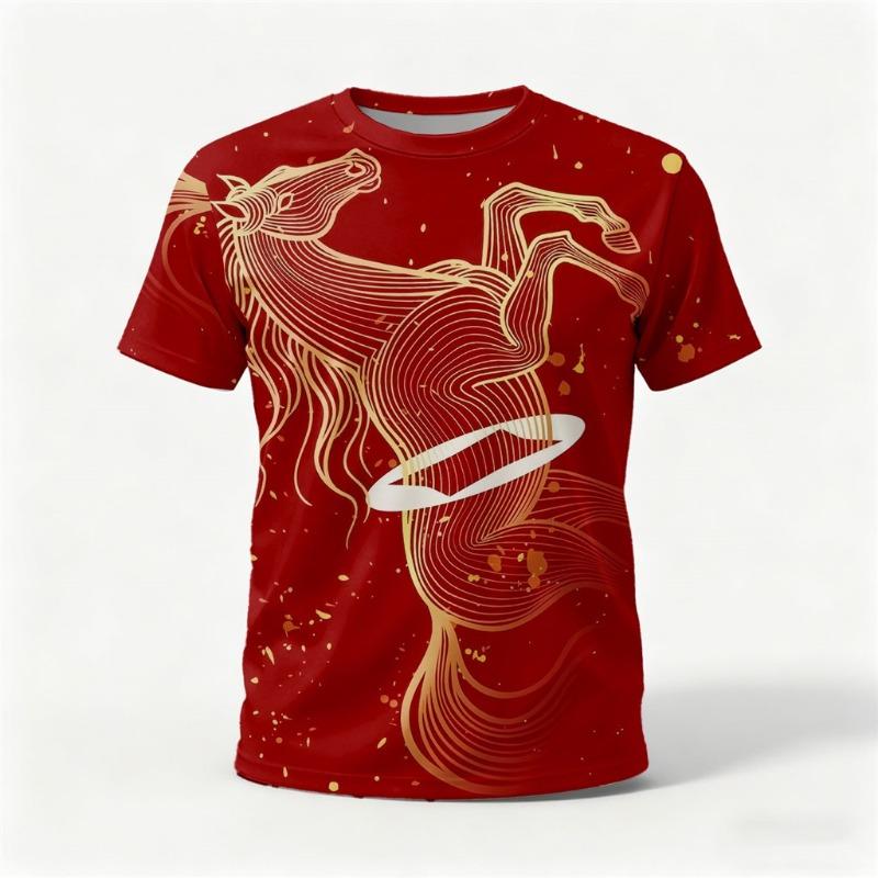 Happy New Year Year of The Horse T-shirt 3D Printing Quick-dry, Casual Crew Neck Short Sleeve T-shirt New Stylish Design