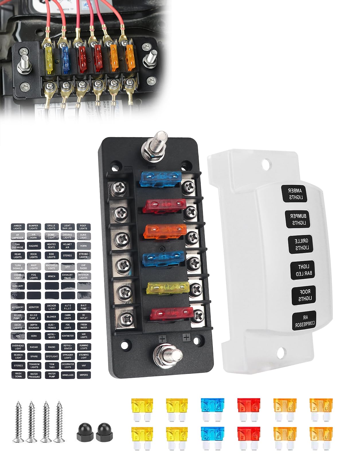 Largoods 6 Way Fuse Box Fuse Block with Standard Fuse, Waterproof Circuit Carbart, 6 way