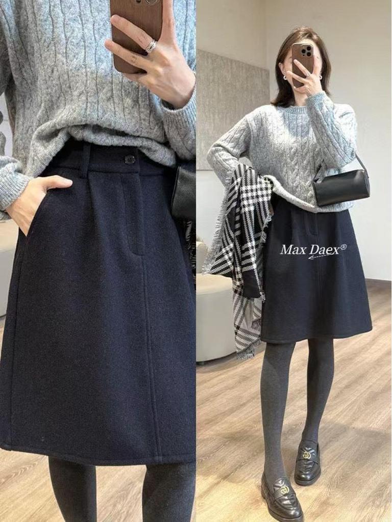 Max Daex Woolen Midi Skirt – Hidden Meat Bud Design for Simple Commuting, Ideal for Autumn/Winter.