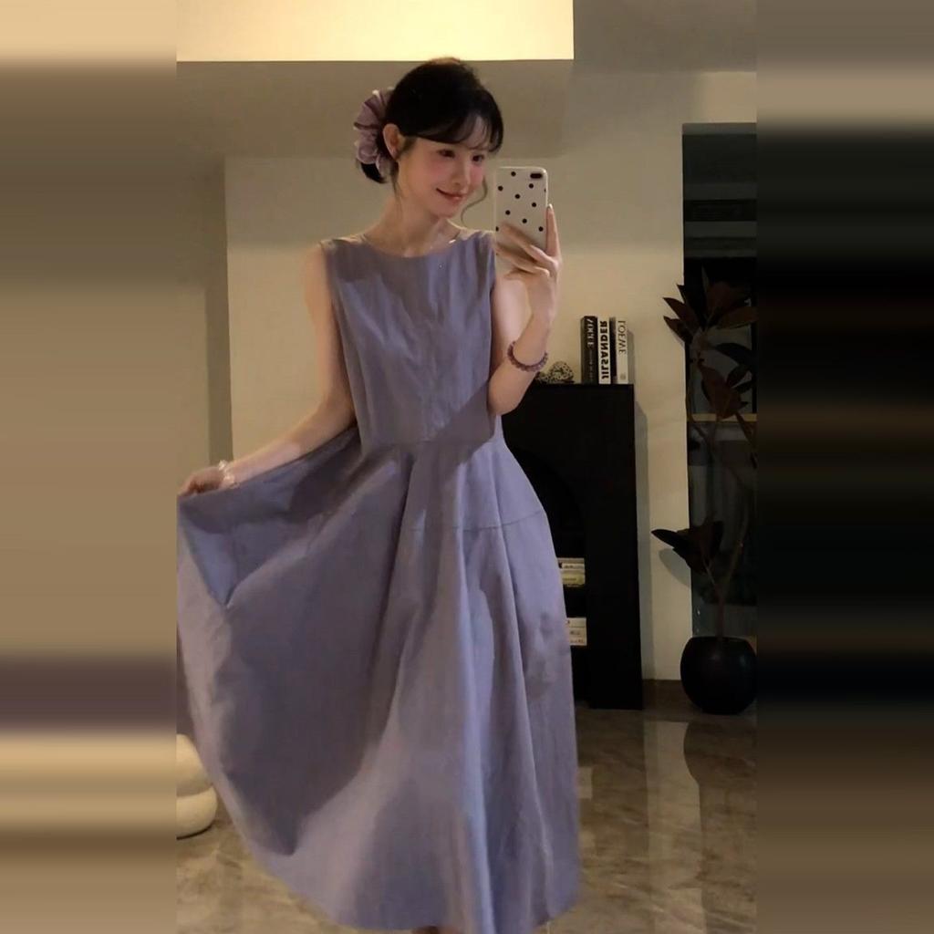 Gray Purple Sleeveless Vest Dress Women's Summer Atmosphere Seaside Vacation French Temperament Super Good-looking Long Skirt