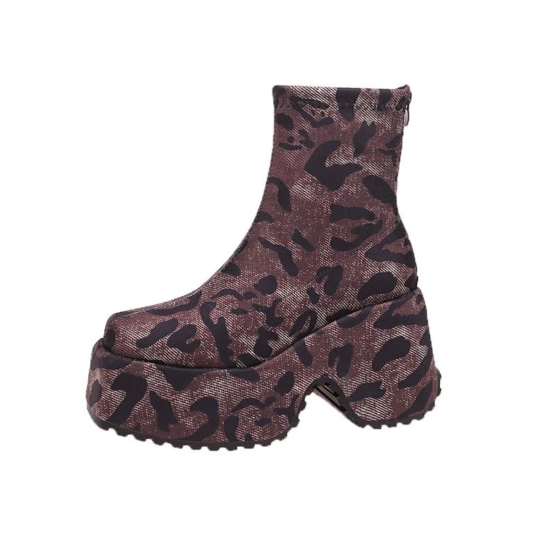 Punk Style Platform Women Ankle Boots Fashion Leopard Short Booties Vintage Thick Heels Ladies Shoes