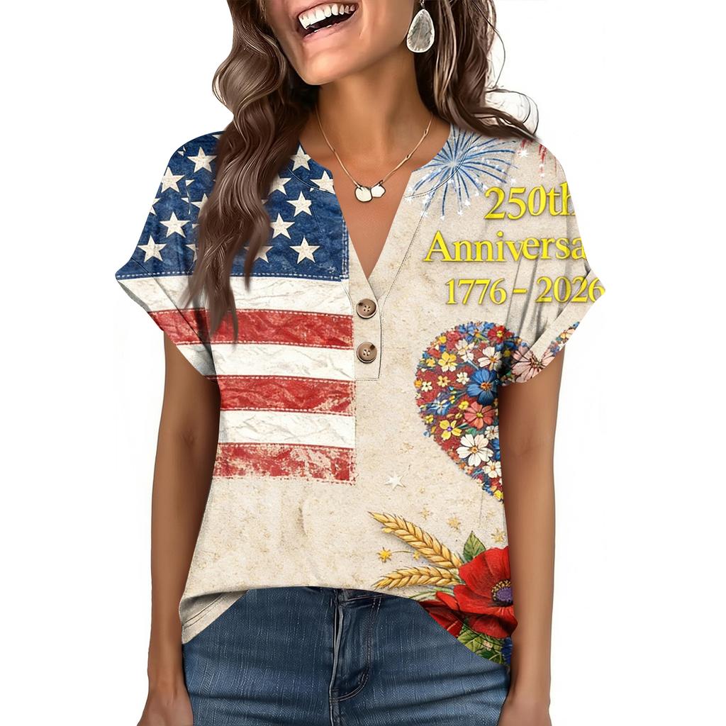 Women's Fashionable Casual Loose-Fit Short-Sleeved Button-Up V-Neck Printed T-Shirt Top