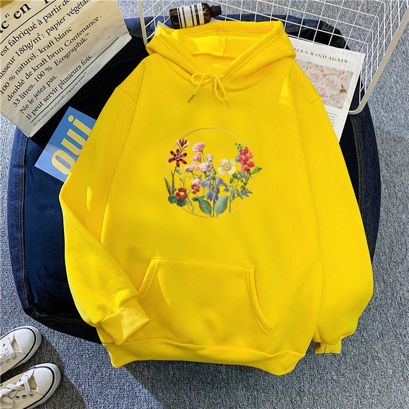 Autumn New Flower Print Sweatshirt for Women Oversize Loose Casual Velvet Hooded Hoodie Top for  Student