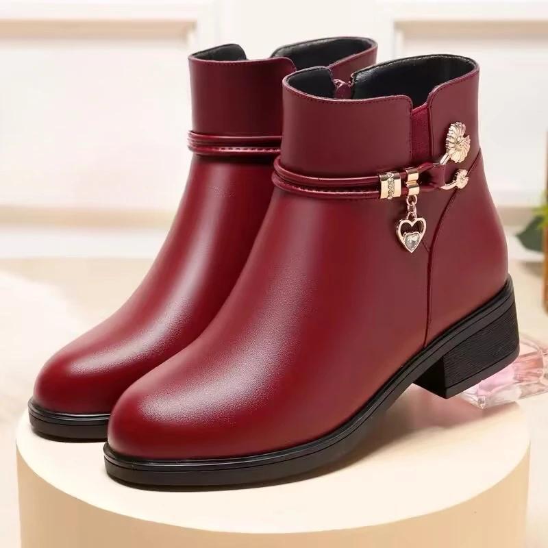 Modne Damskie Botki Luksusowe Cyrkonie Casualowe Skórzane Botki Boczne Zapinane na Zamek Botki na Kostkę dla Kobiet Zimowe Pluszowe Ciepłe Bawełniane Botki Botas De Mujer