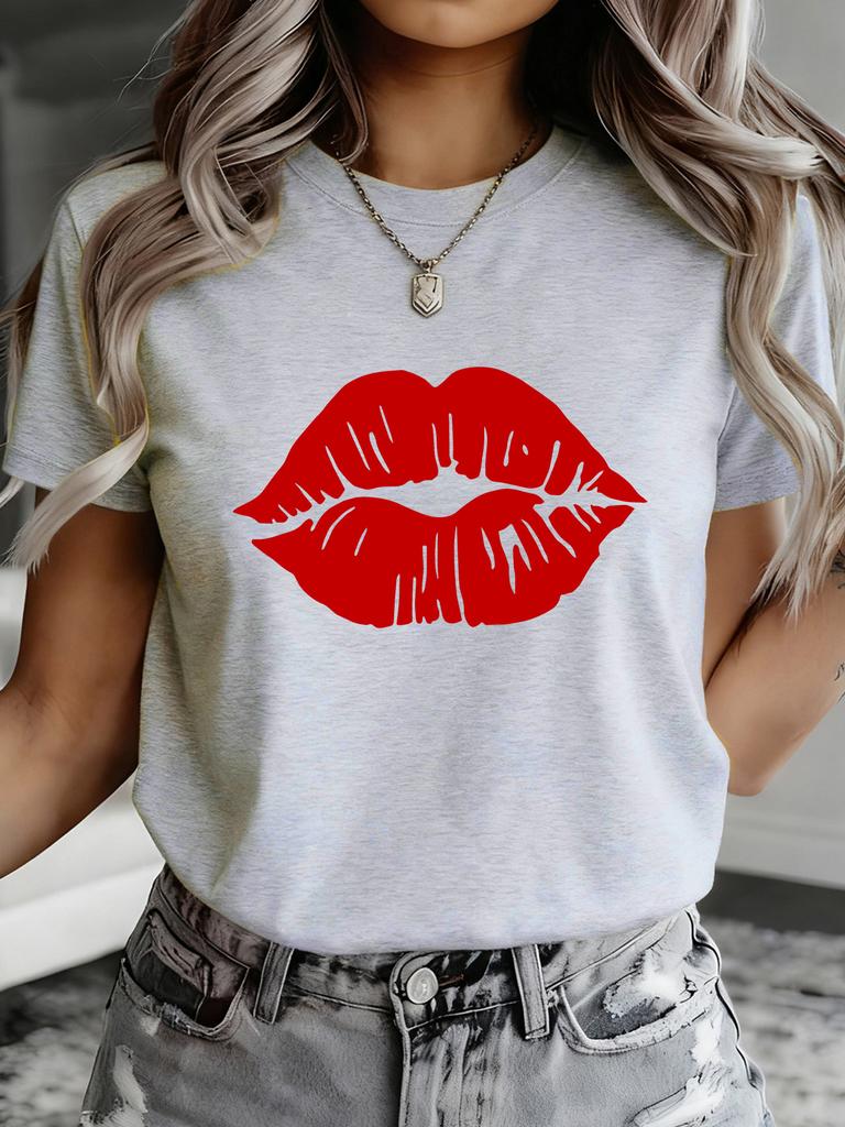 Red Lip Print Pattern Sexy Lips Design Suitable for Printed Decoration Print Crewneck Shortsleeve Tshirt Unisexs Comfortable