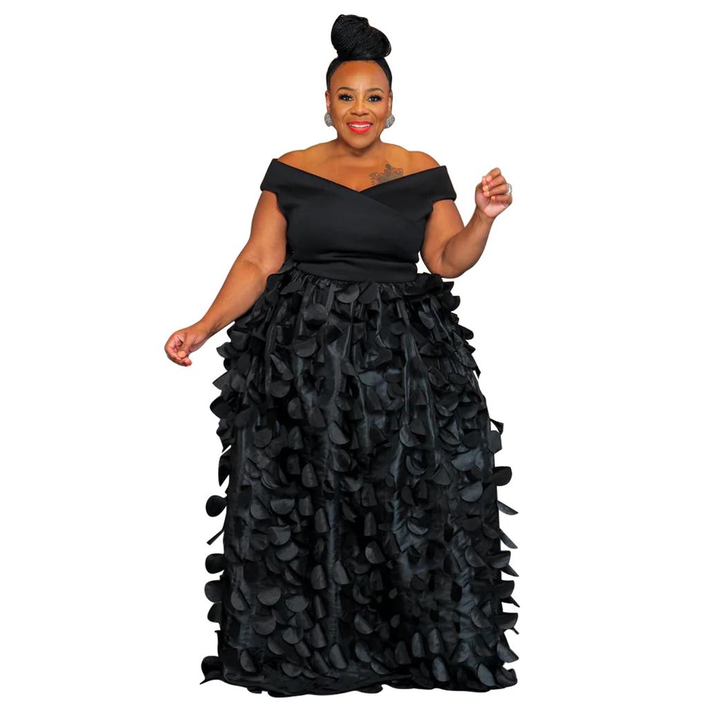 Maxi Abito da Donna Taglie Forti a Spalle Scoperte con Ruffle a Petalo 3D Vita Alta Lunghezza Maxi Elegante Abito da Sera Abito per Ospite di Matrimonio Formale Abito da Ballo