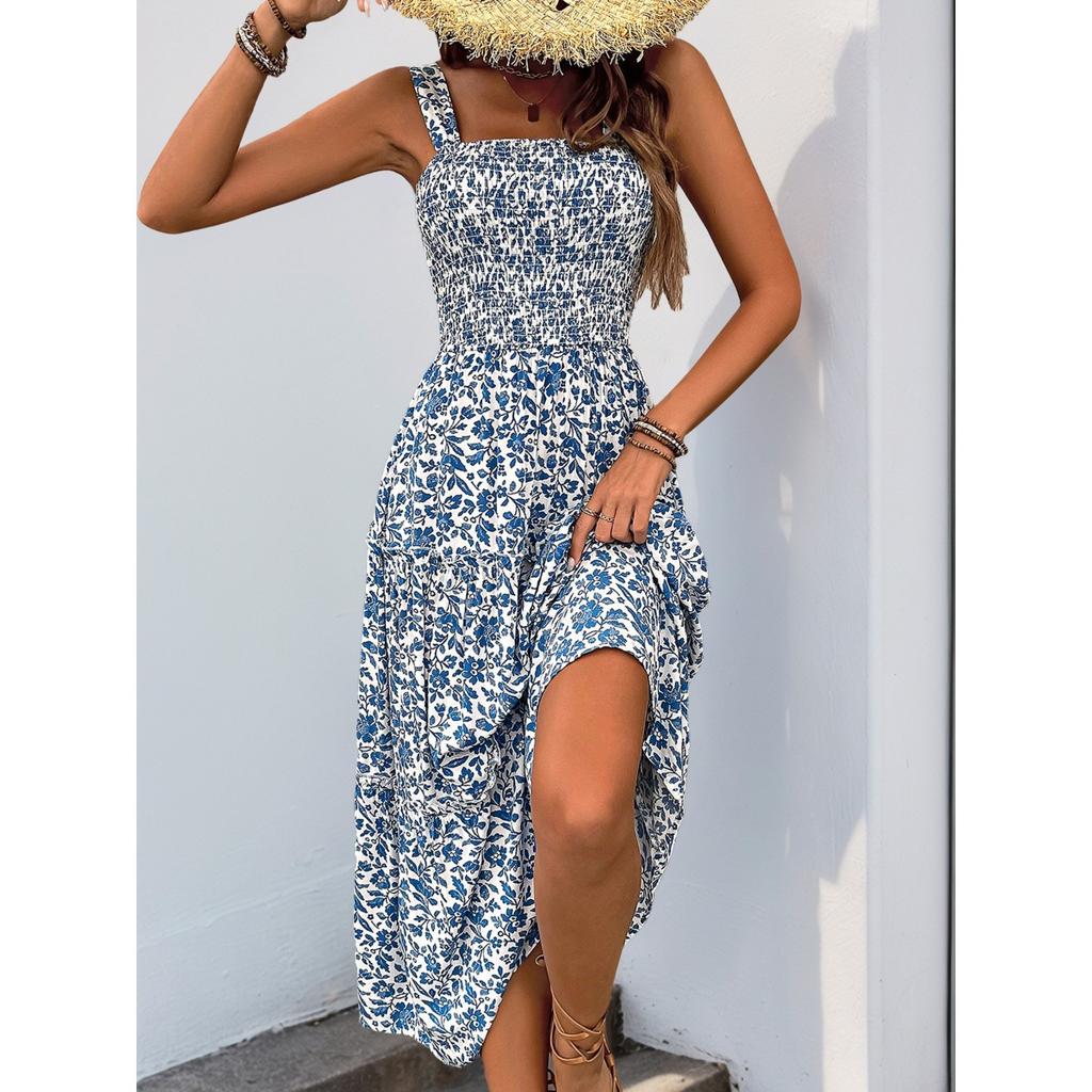 Summer New Printed Maxi Dress, Sleeveless Spaghetti Strap Elastic High Waist Long Sundress, Leisure Casual Dress for Women